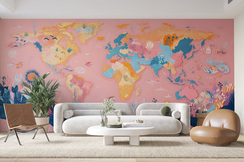 Papier Peint Carte du Monde - Rose Illustrée