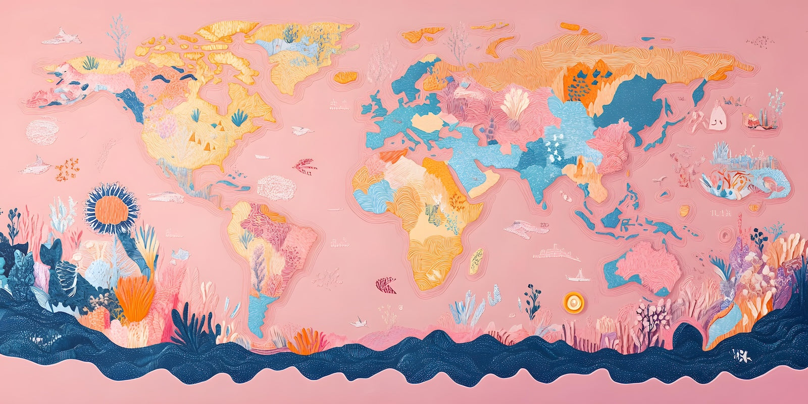 Papier Peint Carte du Monde - Rose Illustrée