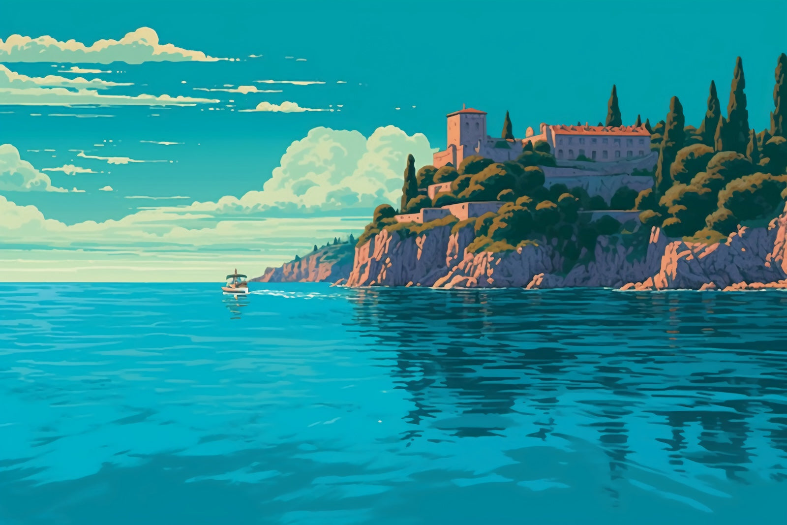 Papier Peint Paysage - Île Turquoise Illustrée