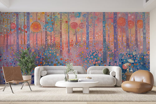 Papier Peint Floral - Forêt Impressionniste Rose et Bleue