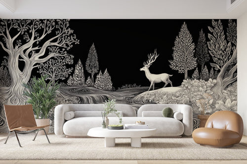 Papier Peint Noir et Blanc - Cerf en Forêt Nocturne