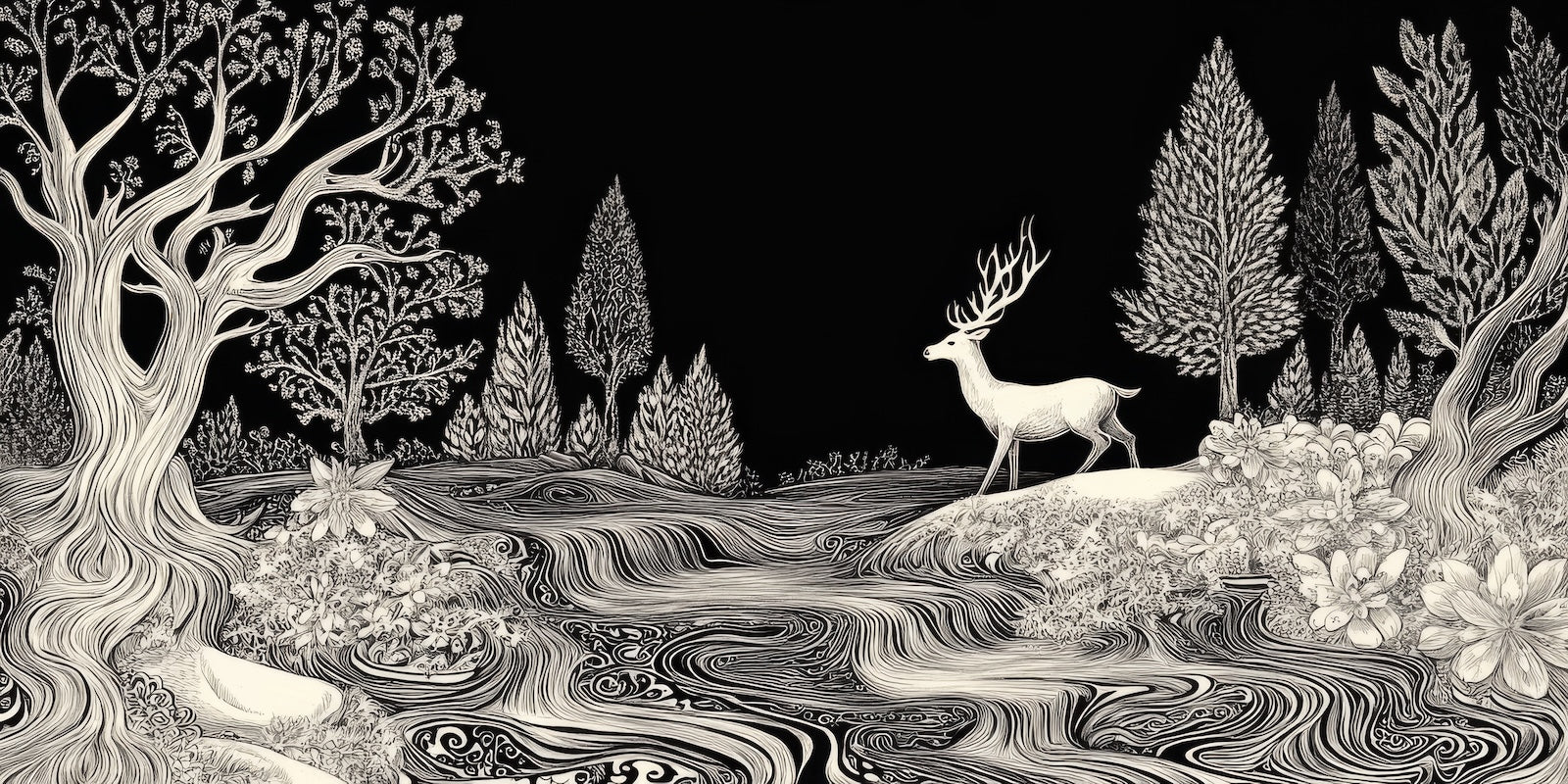 Papier Peint Noir et Blanc - Cerf en Forêt Nocturne