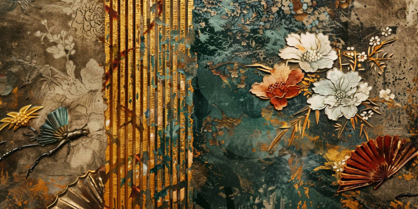 Papier Peint Floral - Motif Doré et Fleurs