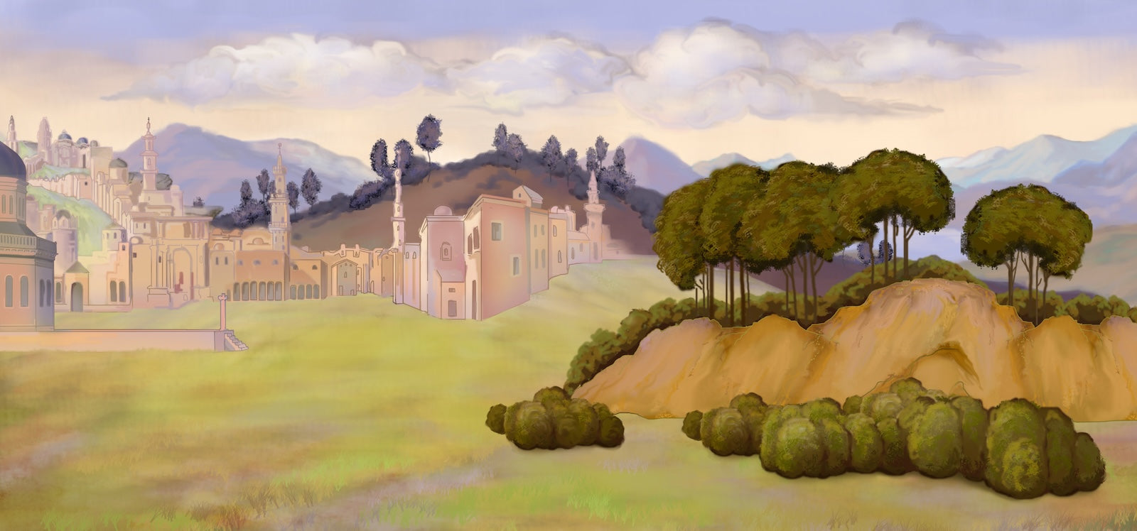 Papier Peint Paysage - Village et Collines Pastel