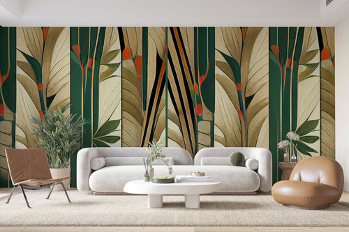 Papier Peint Bambou - Motif Vert et Rouge