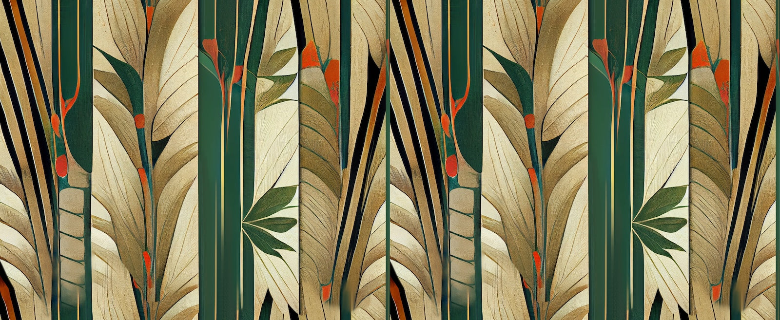 Papier Peint Bambou - Motif Vert et Rouge