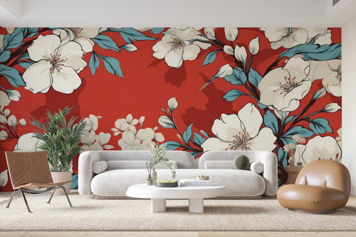 Papier Peint Japonais - Rouge et Fleurs