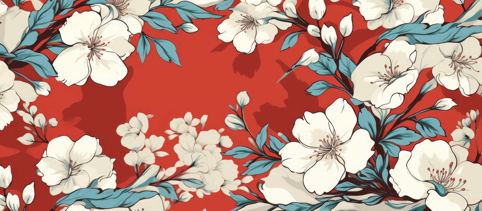 Papier Peint Japonais - Rouge et Fleurs