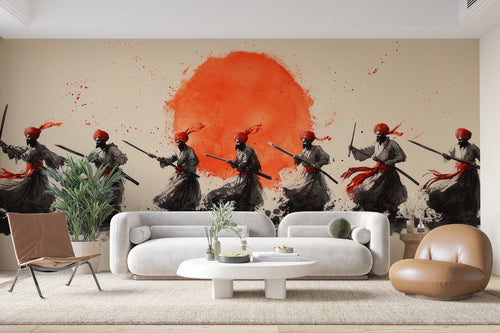 Papier Peint Samouraï - Guerriers au Soleil Rouge