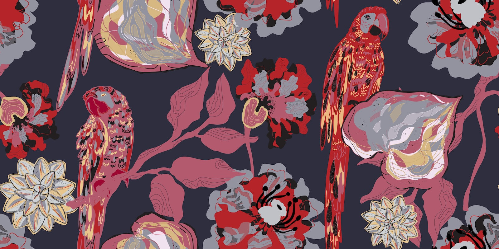 Papier Peint Exotique - Perroquets et Fleurs Rouge Rubis