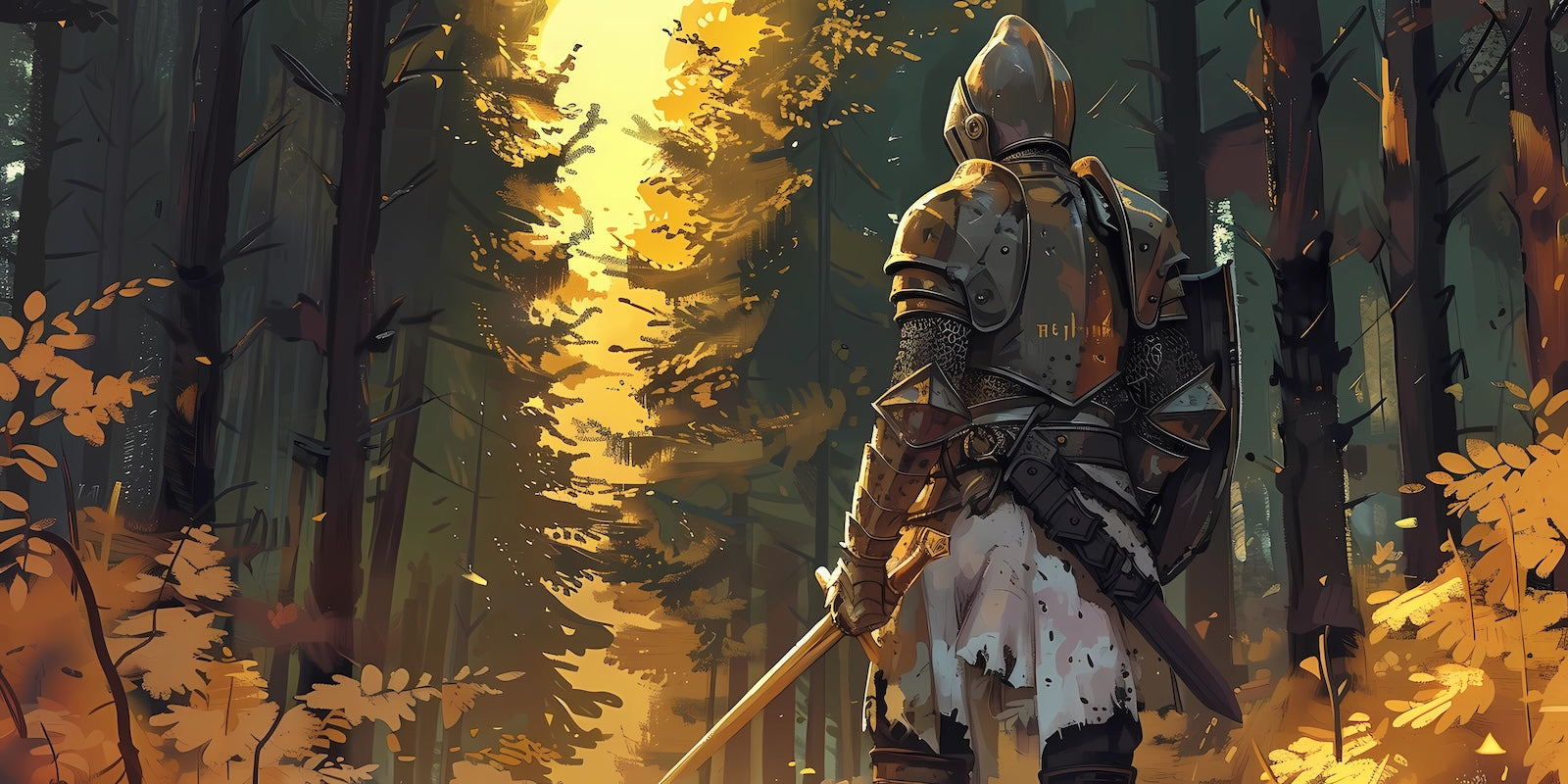 Papier Peint Illustration - Guerrier en Forêt Dorée