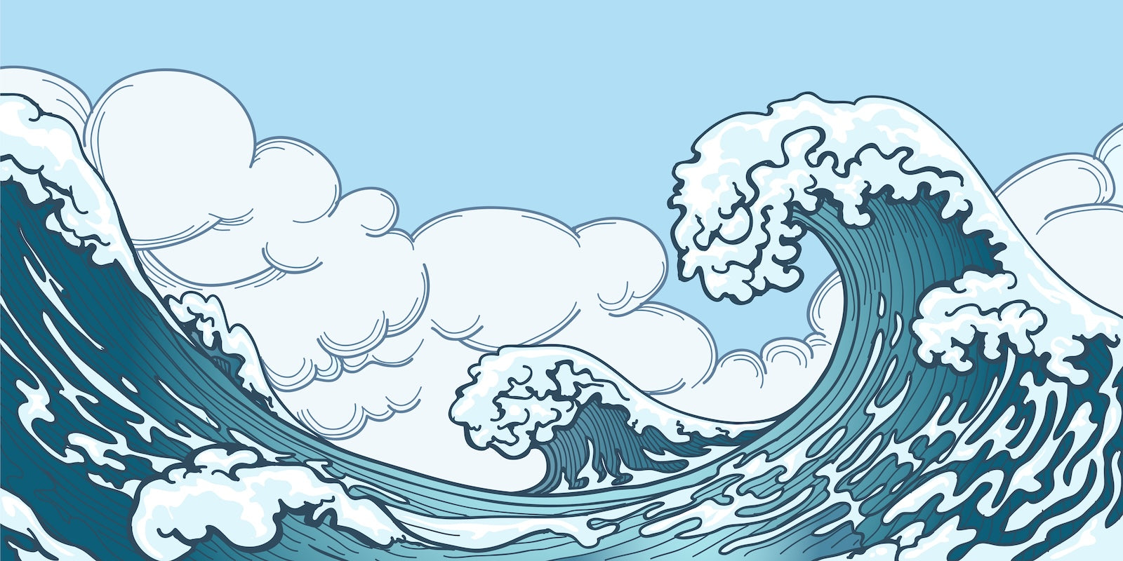 Papier Peint Japonais - Grande Vague Bleu Ciel