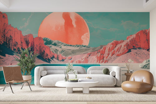 Papier Peint Désert - Piscine et Coucher de Soleil Rétro