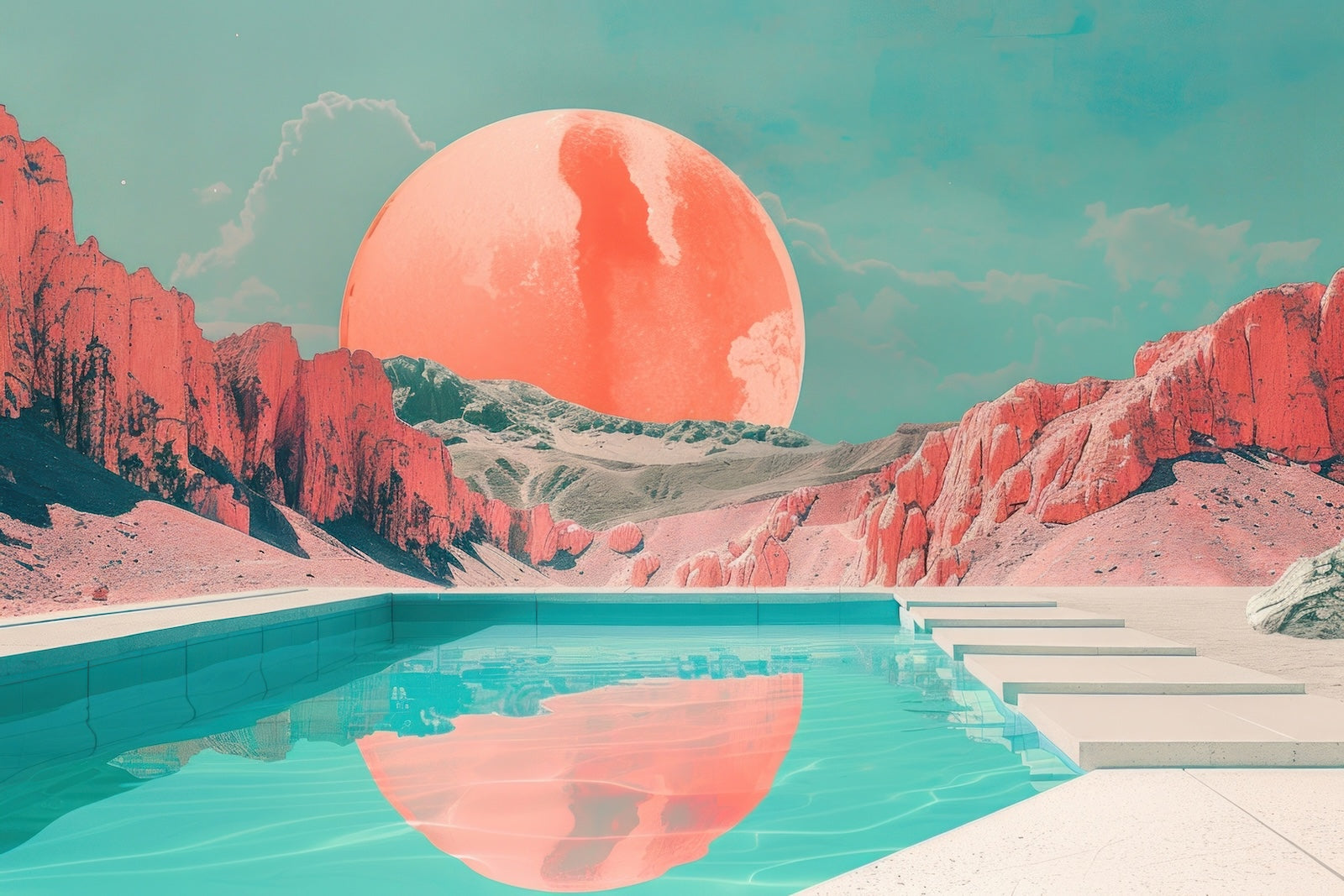 Papier Peint Désert - Piscine et Coucher de Soleil Rétro
