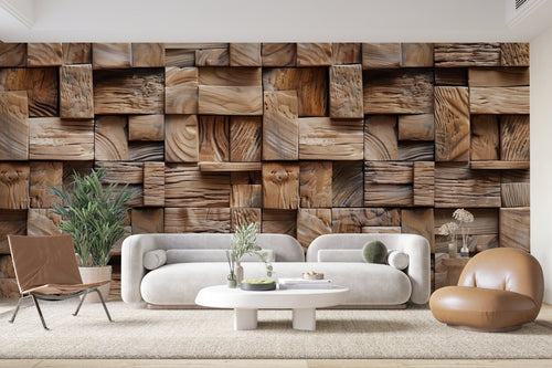 Papier Peint Bois - Mosaïque de Blocs Marron