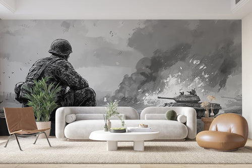 Papier Peint Noir et Blanc - Soldat et Char de Guerre