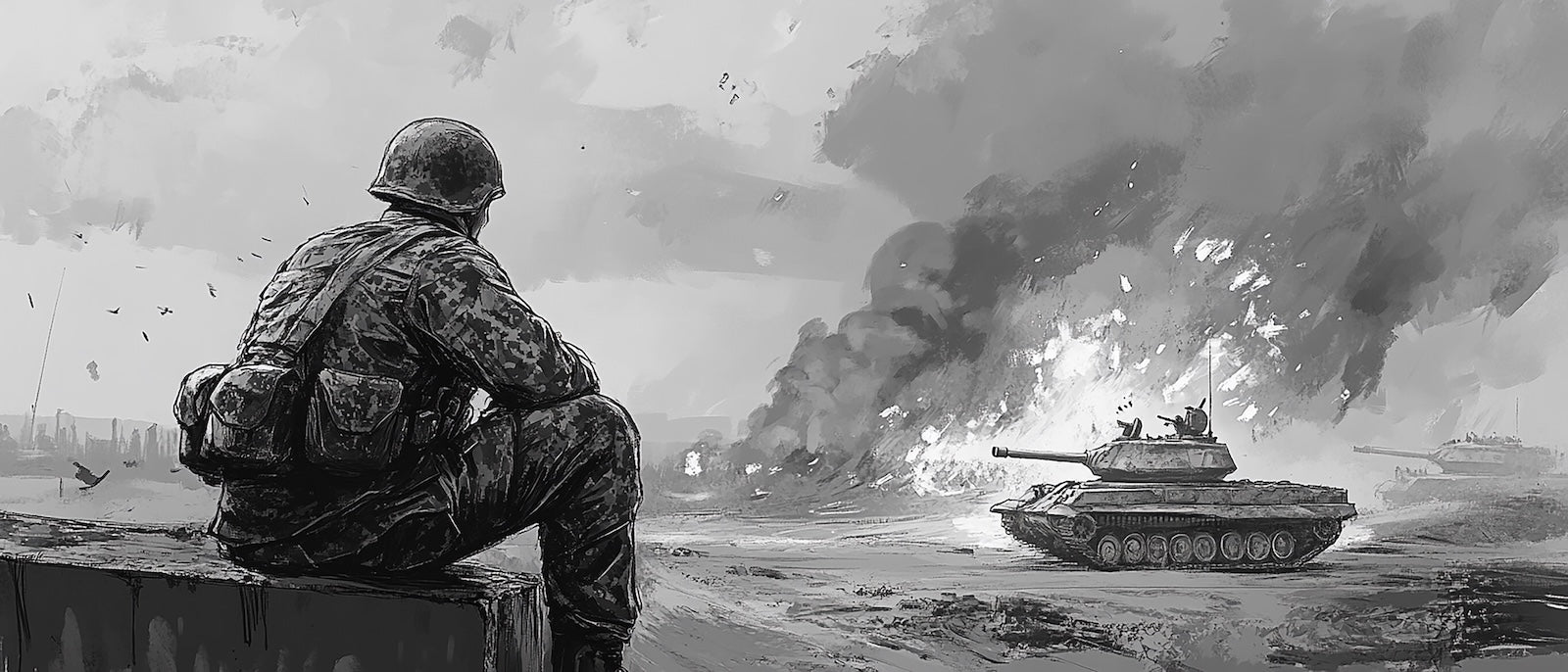 Papier Peint Noir et Blanc - Soldat et Char de Guerre