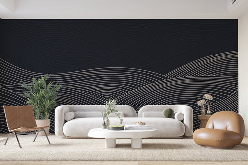 Abstract behang - Gouden golven op een marineblauwe achtergrond