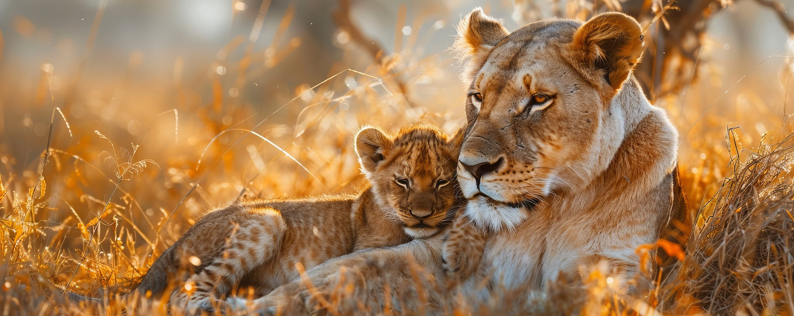 Papier Peint Animaux - Lionne et Lionceau dans l'Herbe