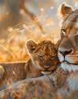 Papier Peint Animaux - Lionne et Lionceau dans l'Herbe