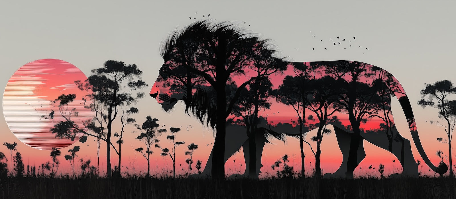 Papier Peint Animaux - Éléphants au Coucher de Soleil Rose