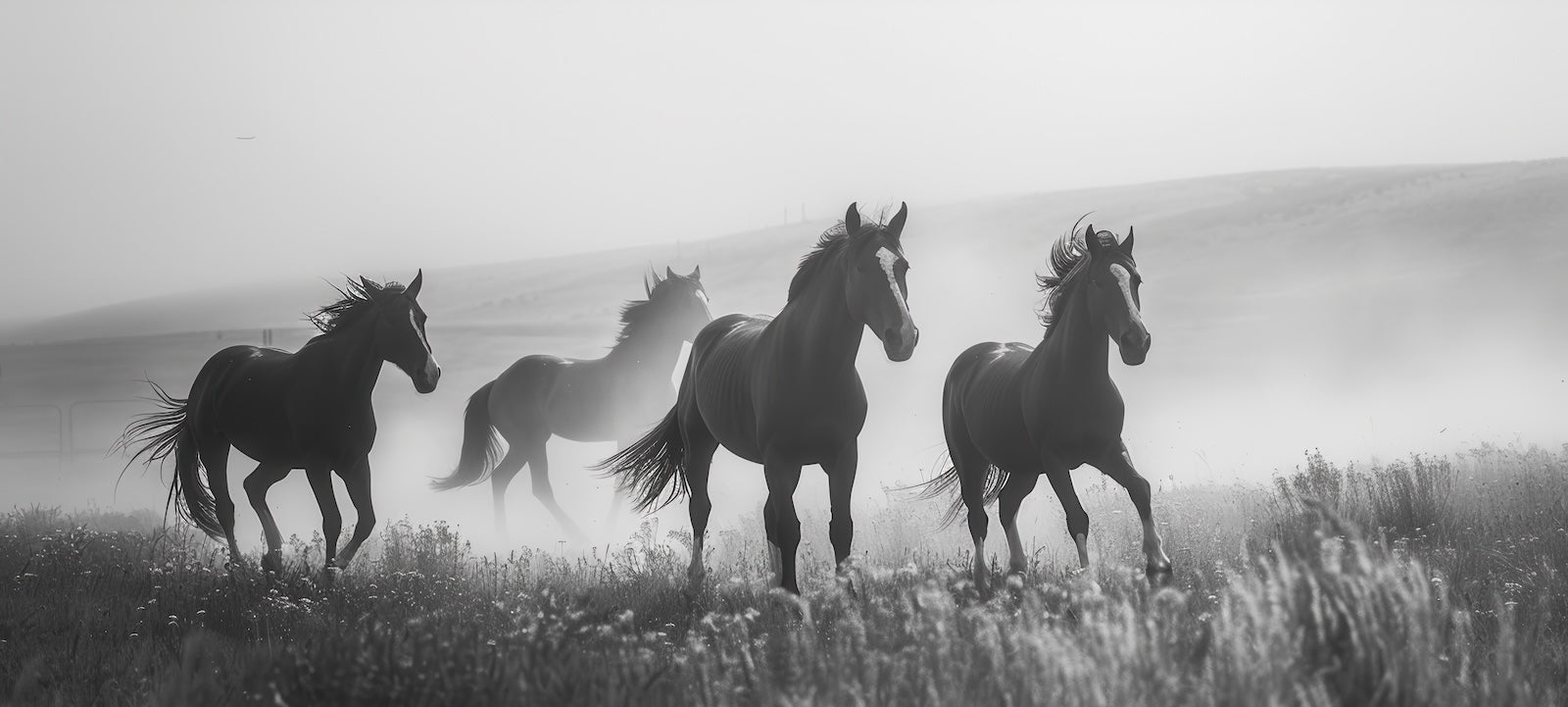 Papier Peint Animaux - Troupeau de Chevaux Sauvages Noir et Blanc