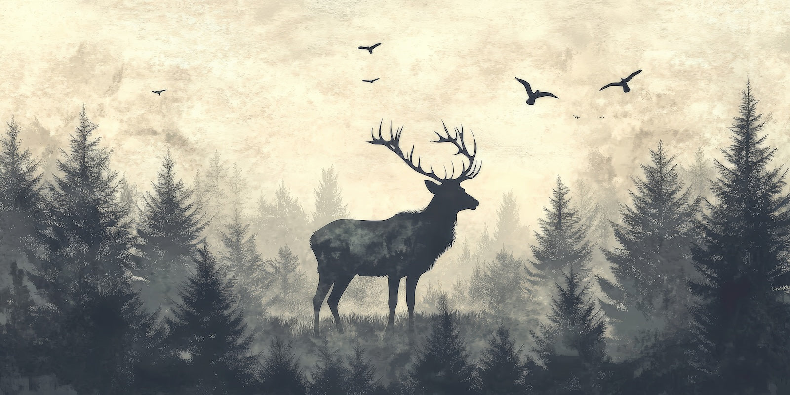 Papier Peint Animaux - Cerf dans la Forêt de Sapins