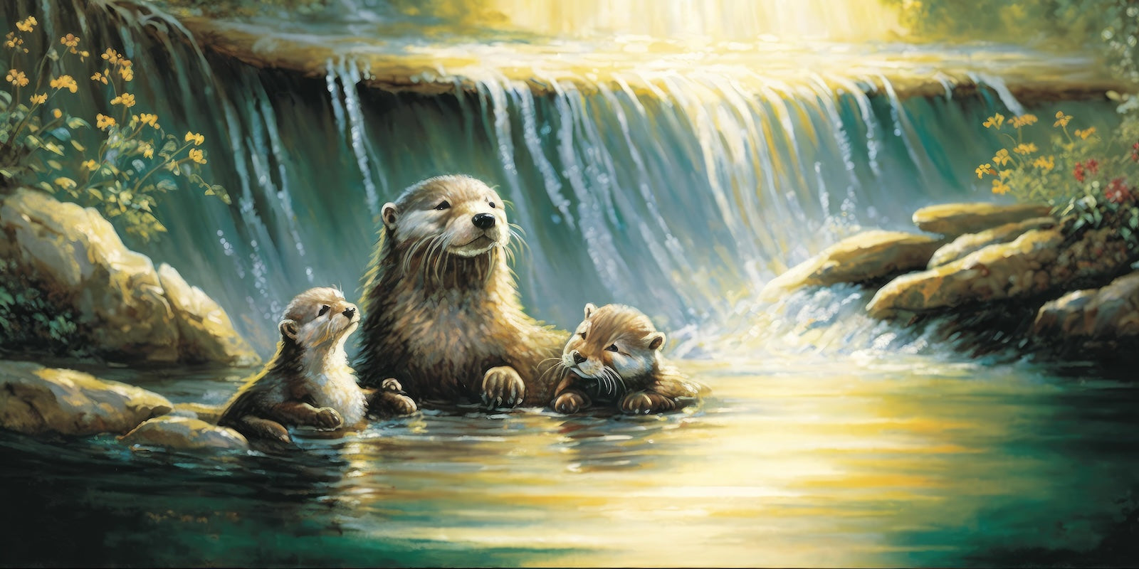 Papier Peint Animaux - Loutres et Cascade