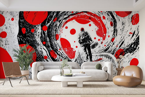 Papier Peint Abstrait - Spirale Rouge et Noire
