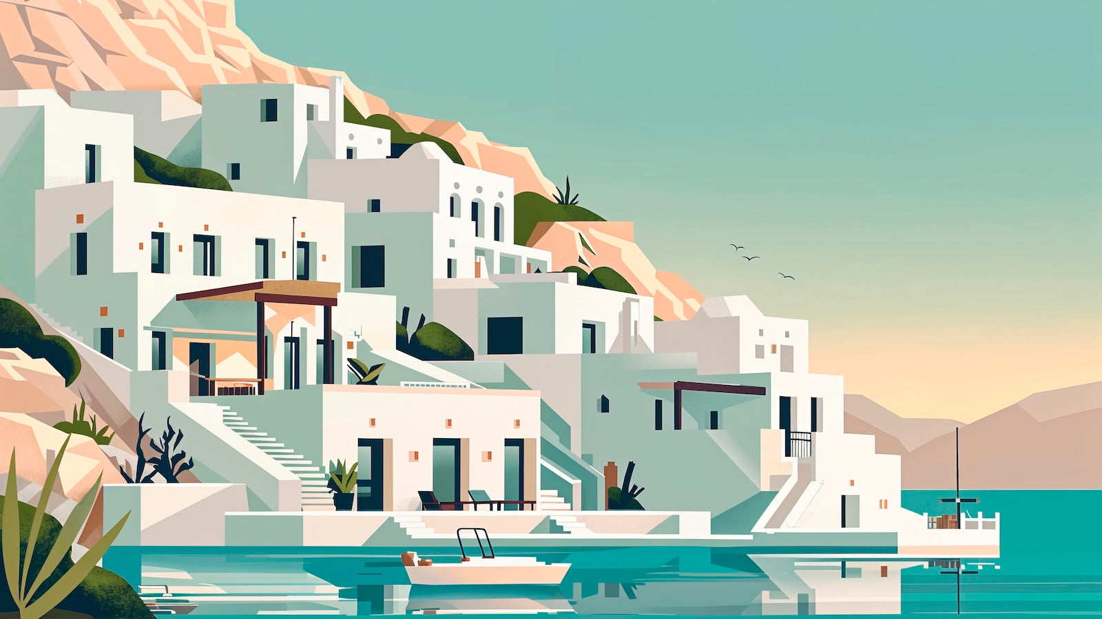 Papier Peint Plages - Village Bleu Blanc