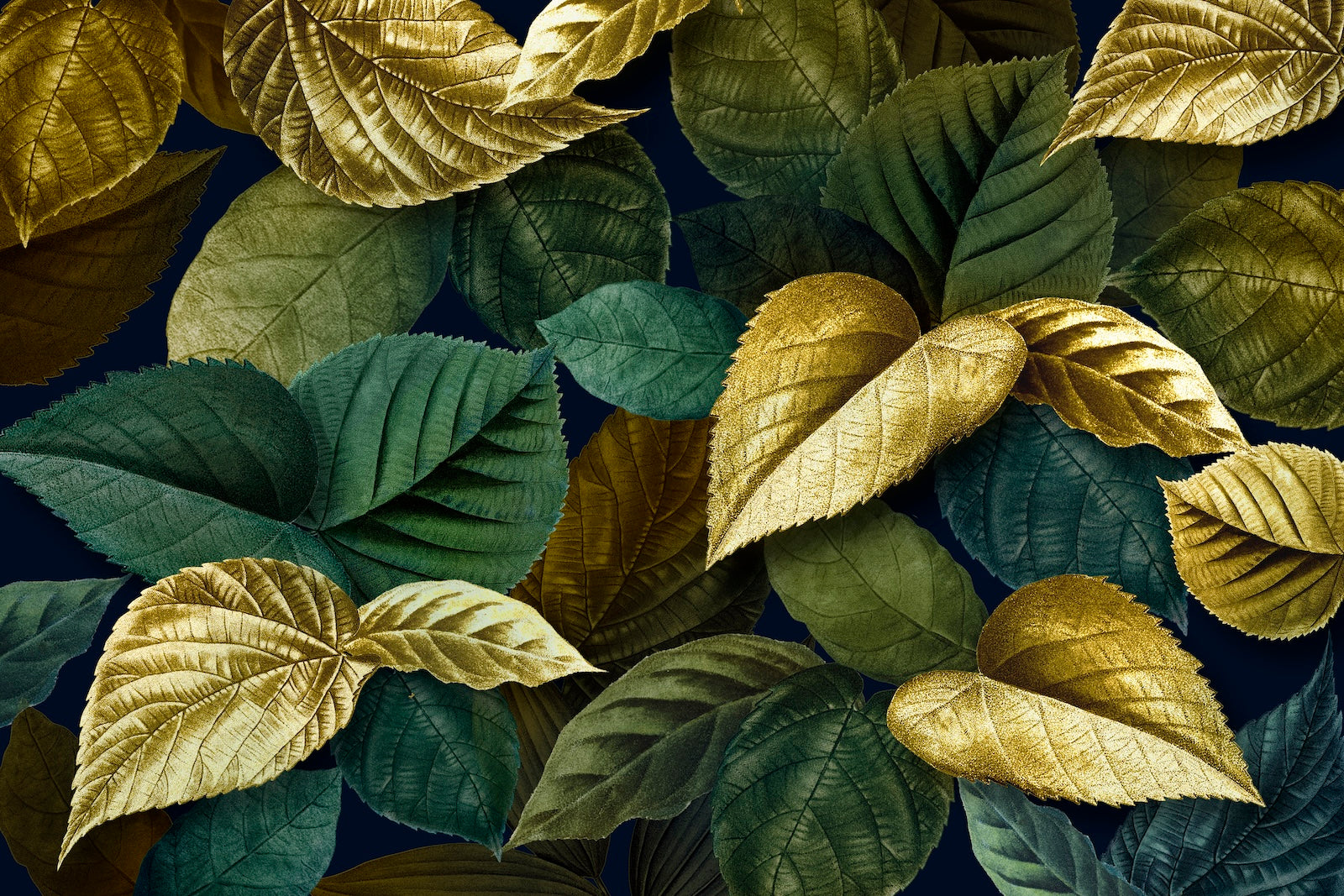 Papier Peint Floral - Feuilles Vertes et Dorées