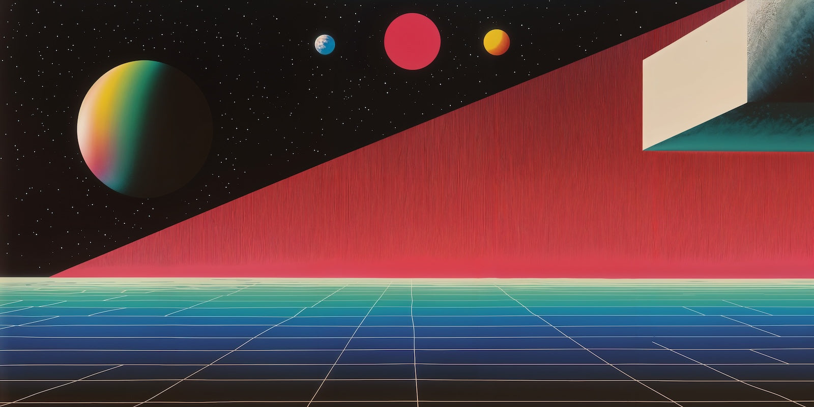 Papier Peint Rétro - Paysage Géométrique Rouge et Bleu