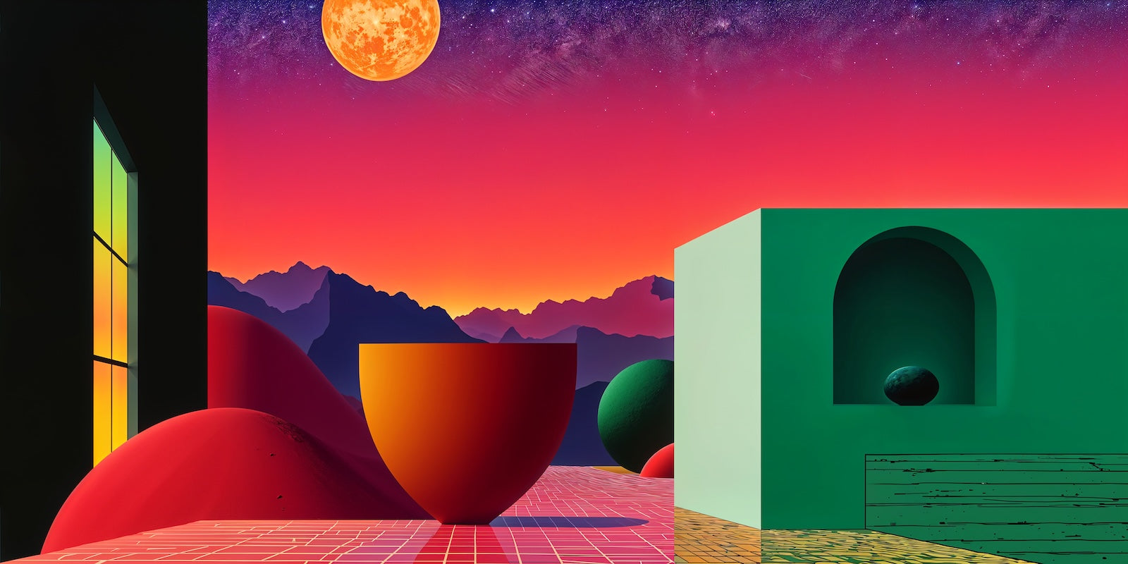 Papier Peint Rétro - Scène Géométrique Verte et Rose