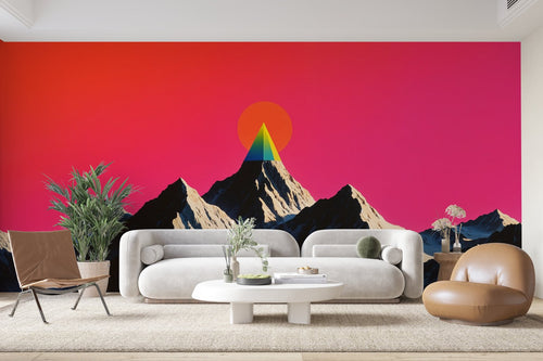 Papier Peint Espace - Montagne et Ciel Étoilé Rose