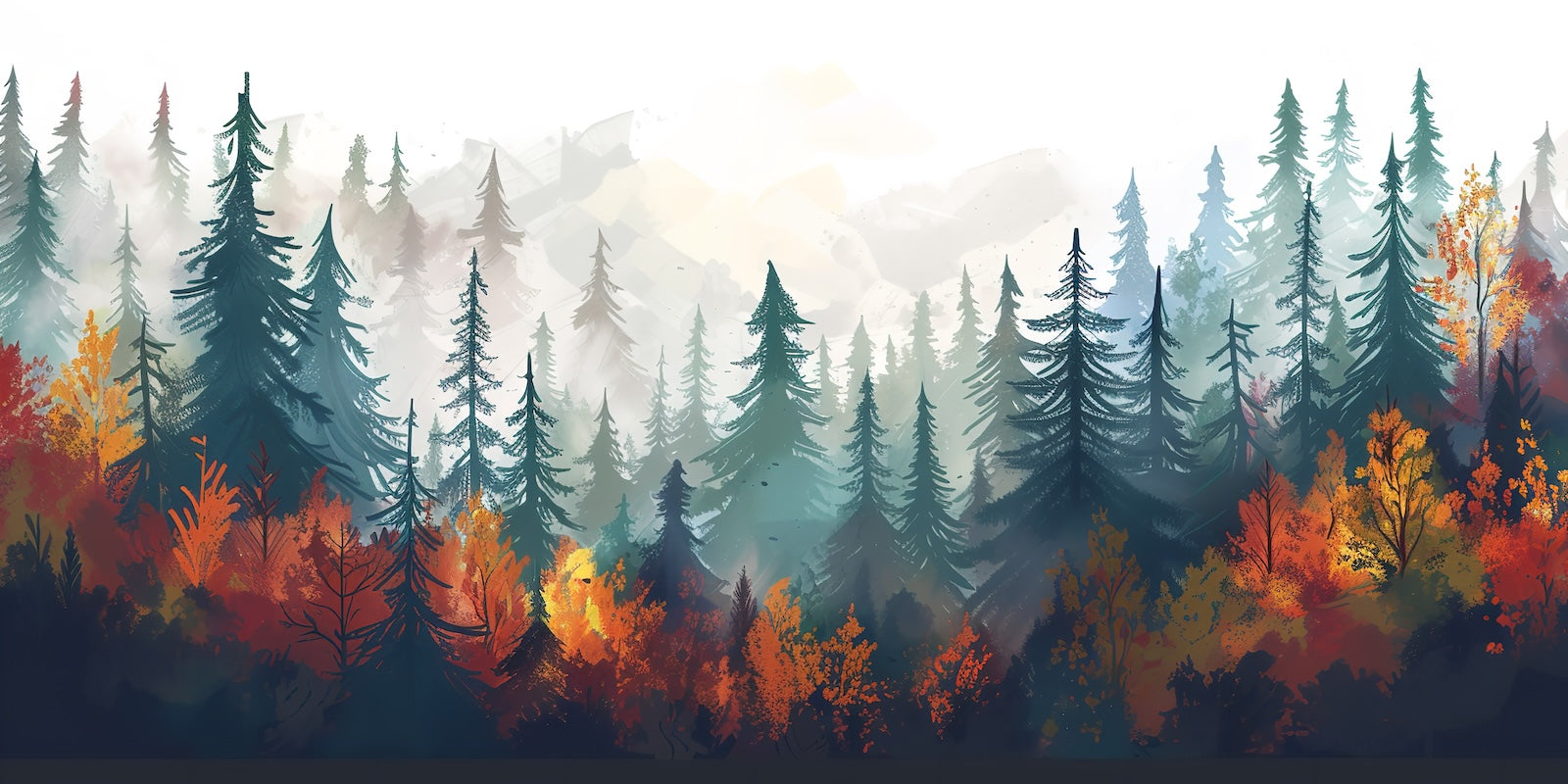 Papier Peint Forêt - Camaïeu Automnal Bleu et Orange