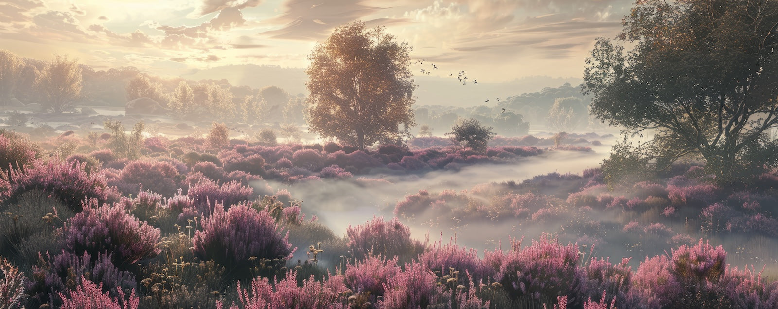 Papier Peint Paysage - Bruyère Rose au Coucher du Soleil