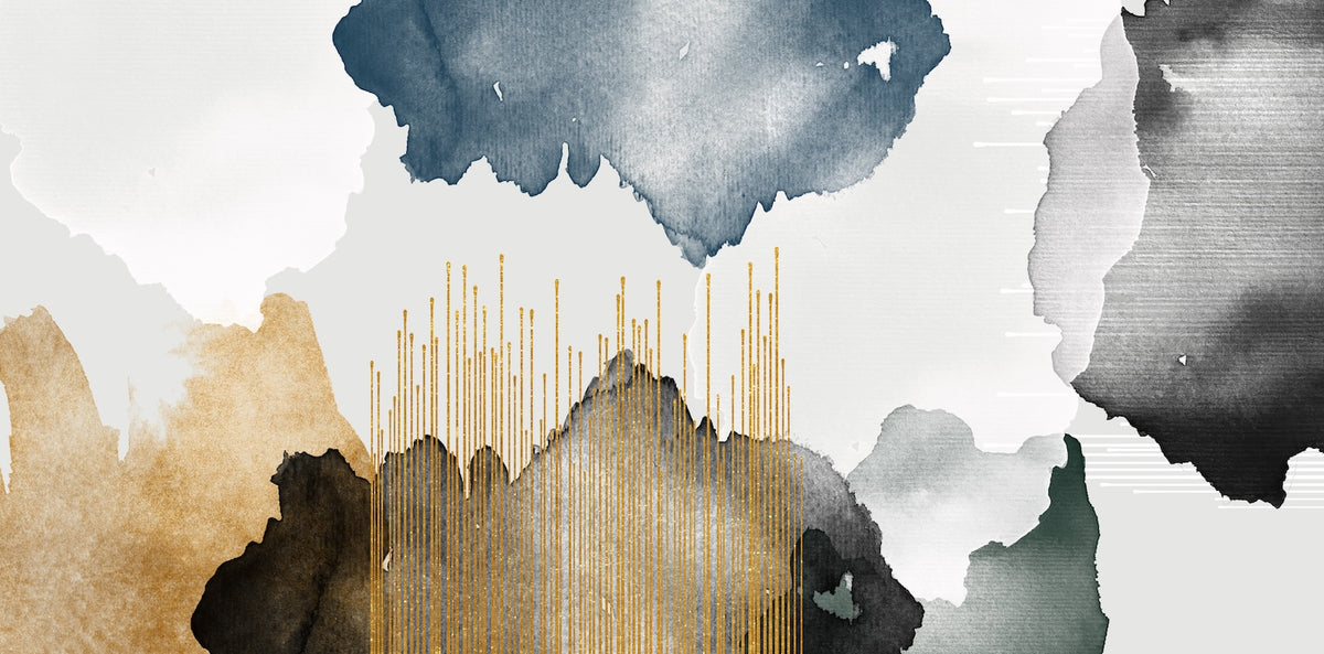Papier Peint Abstrait - Montagnes Aquarelle Noir et Or