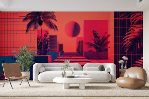 Papier Peint Rétro - Intérieur Néon Rouge et Palmiers