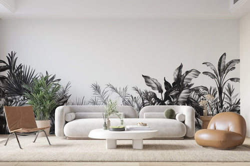 Papier Peint Tropical Noir et Blanc - Feuillage Bas de Jungle