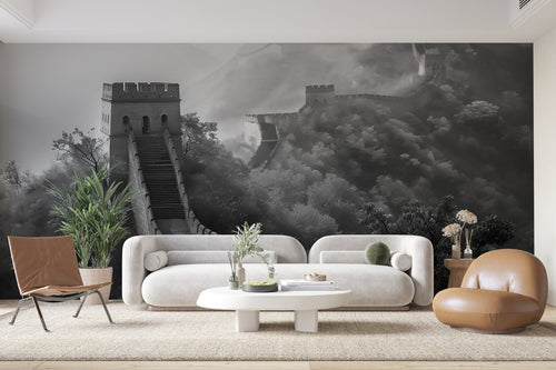 Papier Peint Noir et Blanc - Grande Muraille de Chine Brumeuse