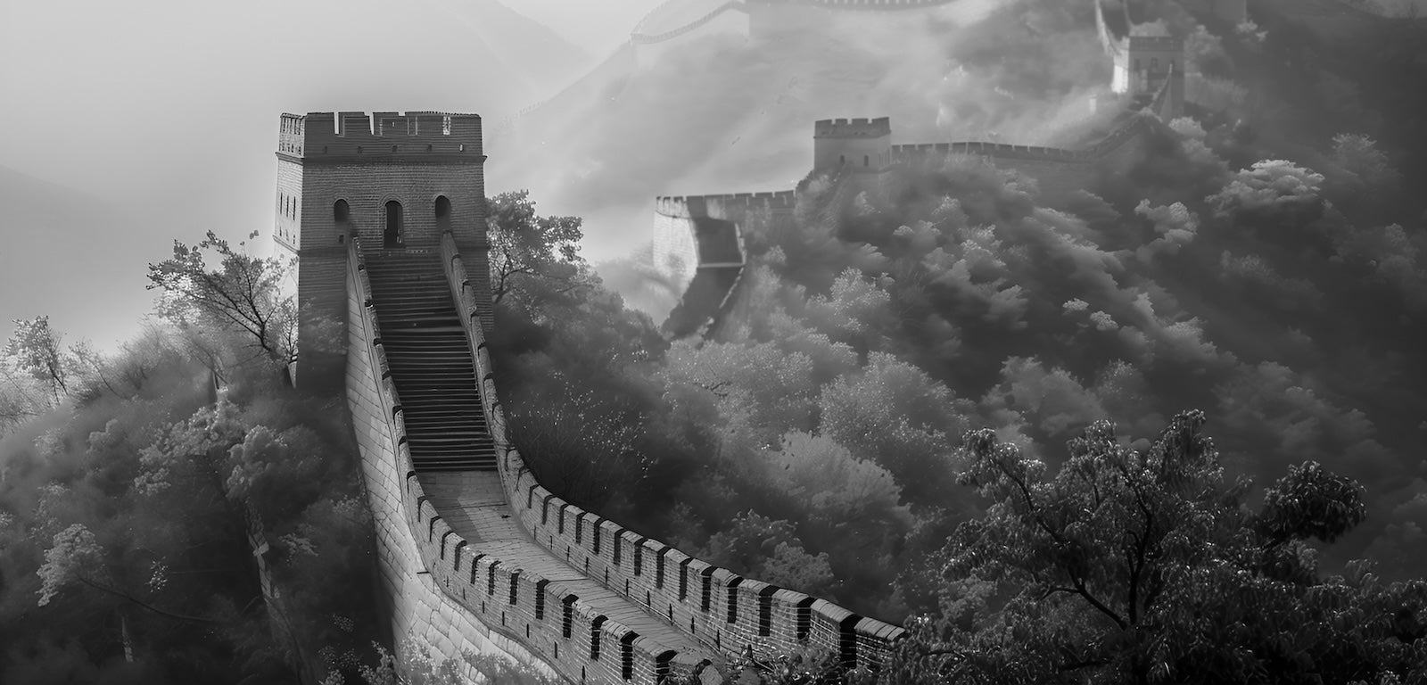 Papier Peint Noir et Blanc - Grande Muraille de Chine Brumeuse