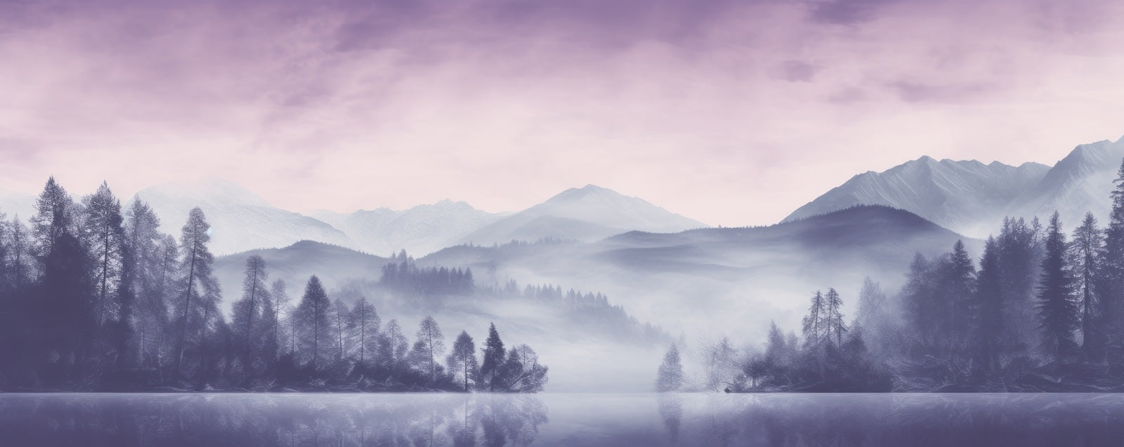 Papier Peint Montagne - Lac et Sapins Brume Violette
