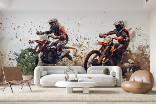 Papier Peint Moto - Duo Motocross Éclaboussures de Boue