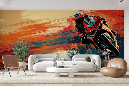 Papier Peint Moto - Pilote et Coucher de Soleil