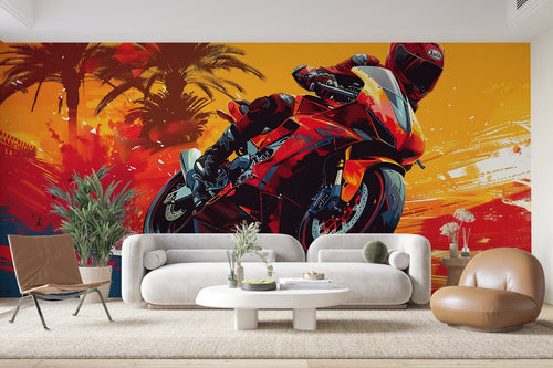 Papier Peint Moto - Moto Rouge et Palmiers au Crépuscule