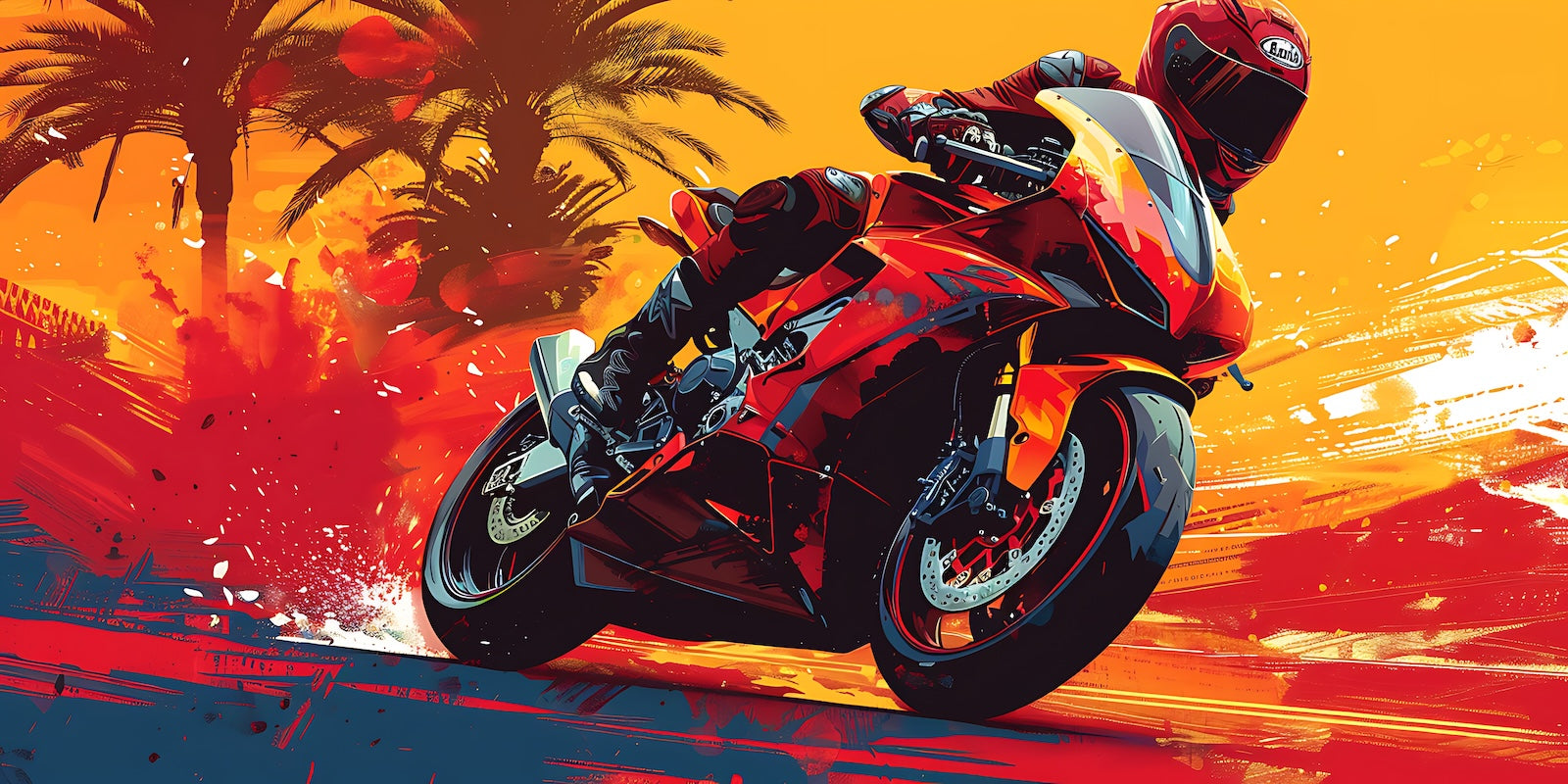 Papier Peint Moto - Moto Rouge et Palmiers au Crépuscule