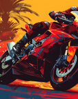 Papier Peint Moto - Moto Rouge et Palmiers au Crépuscule
