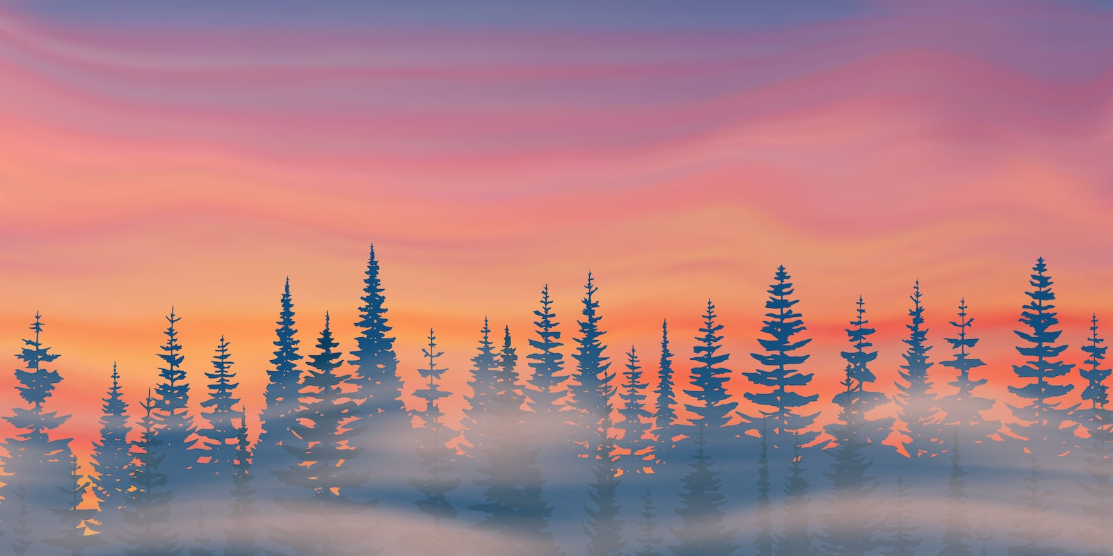 Papier Peint Forêt - Sapins au Coucher de Soleil