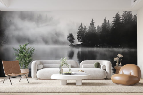Papier Peint Noir et Blanc - Lac Brumeux et Forêt