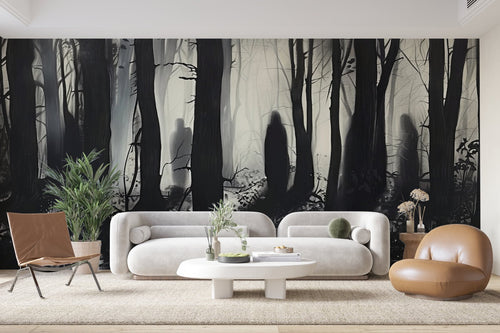 Papier Peint Forêt Noir et Blanc - Silhouette Mystérieuse